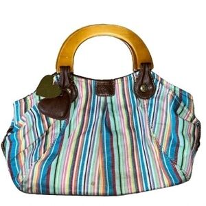 Relic multi colored striped wooden handle purse